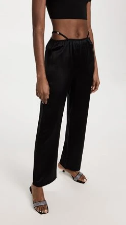 Cheapest ???? Alexander Wang Full Length Wide Leg Pants With Crystal Thong Detail Black ????