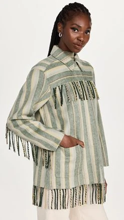 Coupon ???? Jonathan Simkhai Pierre Double Faced Wool Fringe ???? Shirt Jacket Cypress Stripe ????